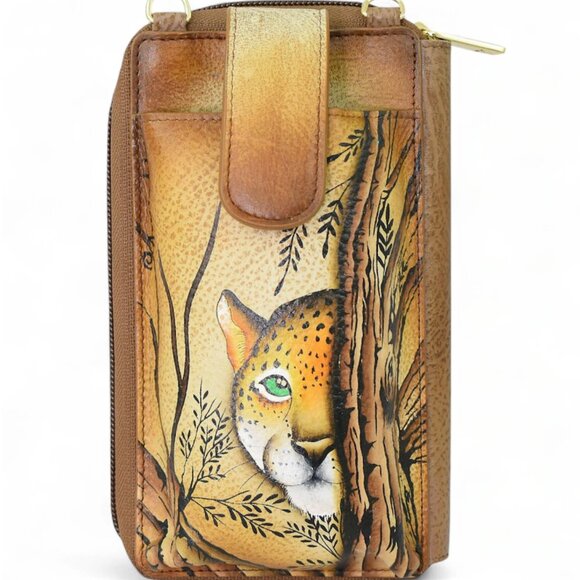 Anuschka Phone Case Wallet Genuine Leather Hand Painted Leopard RFID blocking - Picture 2 of 3